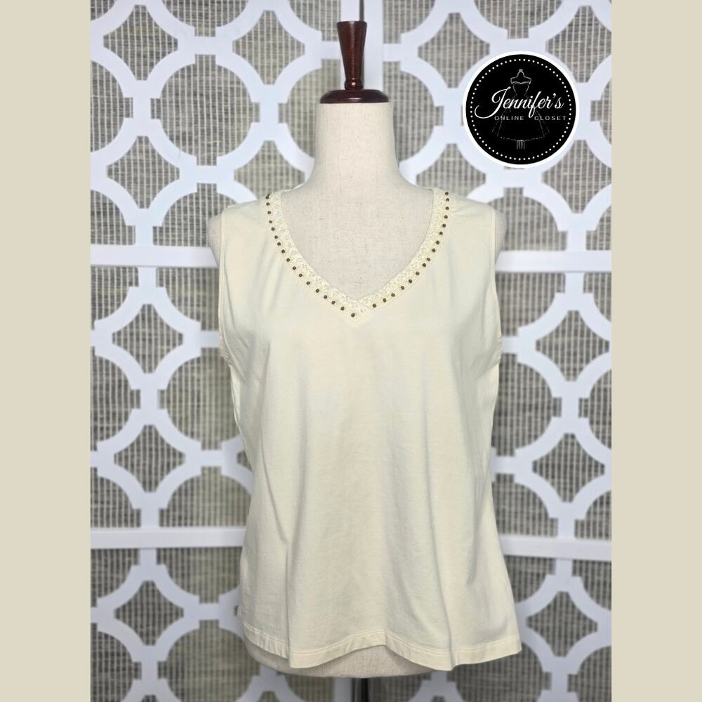 3/$30 Ruby Rd. Pale Yellow Crochet Beaded V-Neck Sleeveless Top Size Large